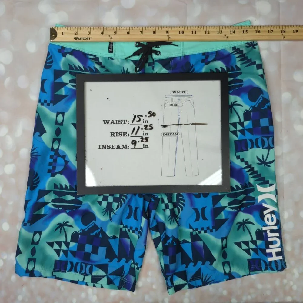Hurley Mens 18 29 Graphic Swim Trunks Blue Green Board Shorts New